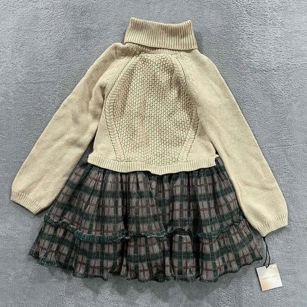 Happily Grey Sweater Dress Girls Medium Beige Knit Turtle Neck Plaid Tulle Skirt